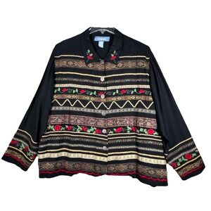 Liz & Me Shirt Womens 2X Black Red Green Embroidered Button Up Cottagecore Boho